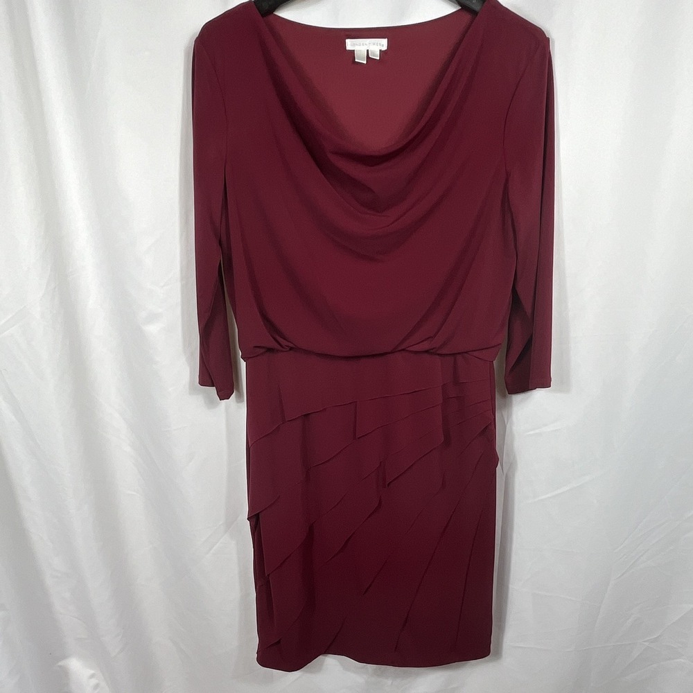 London Times Size‎ 16 Sheath Dress Long Sleeve Layered Knit Burgundy Knee Length